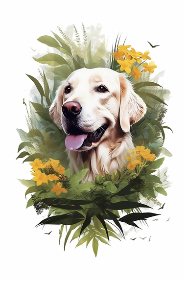 white background, dog, 3d, super closeup, sticker, photorealistic, artwork of t shirt graphic of majestic forest, in digital painting style , beautiful flowers, sunset mountains and clouds , big vines, plants sorround, highly detailed clean, vector image, photorealistic masterpiece, professional photography, realistic, flat white background, isometric, vibrant vector, clipart, illustration, realism, 4k, , cinematic, front view, paradise, extremely white background
