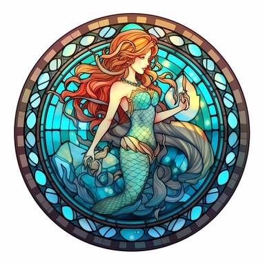 a stained glass glowing mermaid with lights on her scales and fin, mermaid fin, delicate detail, manhwa character design, in the style of artgerm, 2d game art, quadratura, clipart, on white blackground, circular shape,