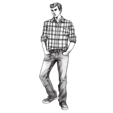 Man in flannel shirt and jeans, black line drawing, Clipart