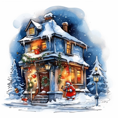 Christmas eve, style by Lucy Fleming, watercolor, smooth gradients, black contour outline, ultra detailed, clipart elements, vibrant colors, solid white background, super clear, high quality