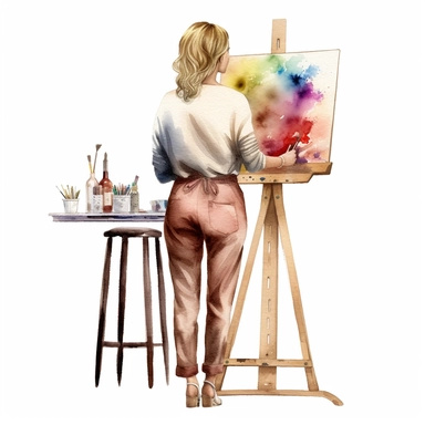 watercolour pretty lady blonde hair standing in front of an art easel view from behind hd clipart white background