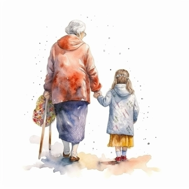 Cute Beautiful Grandma And niece Is Going Full Body Back View Watercolor Clipart,Cartoon, hyper realistic, intricate detail, illustration style,high solution,on the white background