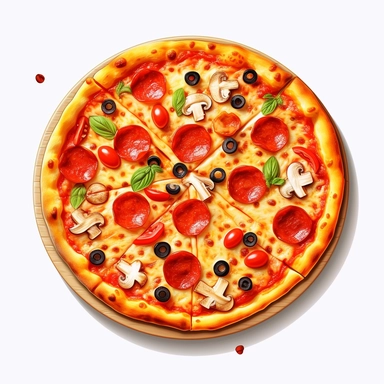 A pizza, cartoon, detailed, clip art, white background, no shadow