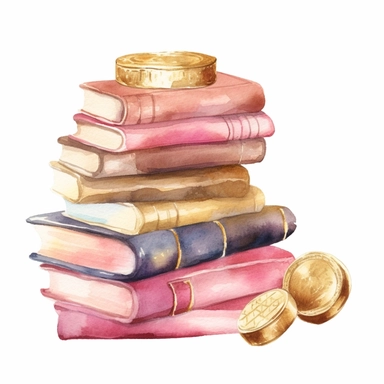 sweet pink and gold watercolor, stack of books clipart, books icon set, bag full of coin clipart, bank money, isolated white background, single design, pastel pink, cream, sharp