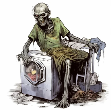 CLIP ART of Occult UNDEAD ZOMBIE WALKER doing laundry, indifferent, dark, moody, hyper detailed, on white background