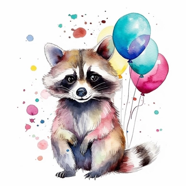 please create watercolor clipart of a raccoon smiling, wearing party BALOONS AND GUM and bubbles, colorful, WHITE BACKGROUND