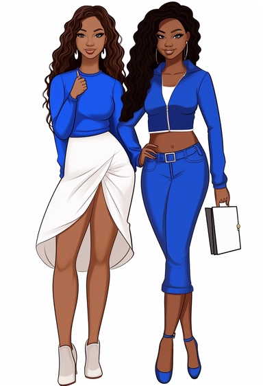 vector illustration of full body detailed melanin beautiful sorority girls with brown eyes wearing true royal blue and bright white with white background.. no watermark! vector clipart, character drawn with thick black lines like for a coloring book! with no watermarks