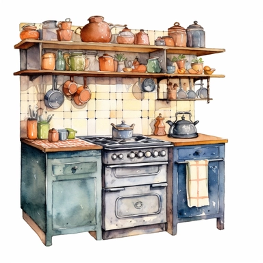 watercolour old kitchen, clipart on white background, no watermark, highly detailed, professional color gradation, clean sharpness