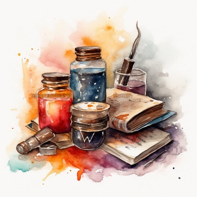 A concept of isolated watercolor clipart image of wizards' spellbooks and potions on a white background. This is a work that seamlessly blends the concept with the art form of watercolor painting. Inspired by the brilliant and emotive brushwork of J.M.W. Turner, the image captivates the viewer with its spellbooks showcasing ancient runes, and potions that bubble with mysterious substances. The color temperature leans towards cooler hues, blues, and purples, imbuing a sense of arcane mystique. No