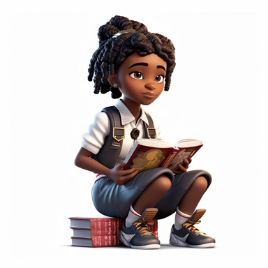 3D toy of a young happy black girl wearing a school uniform outfit sitting down reading a book in the style of boondocks in the style of marvel comics cartoon with white background can't believe how beautiful this is clipart, graphic vector, isolated on white background