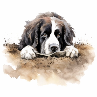 Landseer ECT, digging in the dirt, watercolor, Clipart, white background, no text, no caption