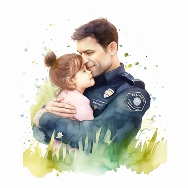 fathers day, water colour clipart, beautiful police man hug doughter in grass, cute, happy, cartoonic, realistic,