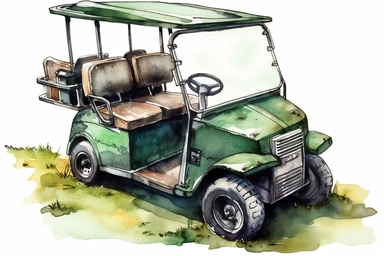 watercolor, Birdseye view of golf cart on the golf course clipart, HD, on white background, spaced out