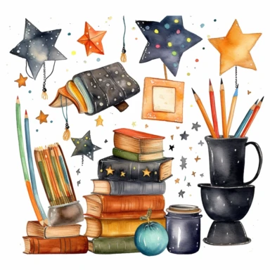 Whimsical watercolor clipart, back to school banner, set of graphics, including black board, stack of books, stationery items in a rusty cup, paint, notebook, bunting, stars and dots, white background