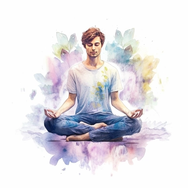 enchanted Front illumination of ultra realistic watercolor of full body of a cute mindfull happy guy, doing yoga lotus pose ,deep meaning, profound, highly detailed and realistic, insane quality, mystic, wiccan, art nouveau art style, clipart witchcore dreamcore cottagecore, good looking meditation, yoga calm, serene, healthy, white background no text, isolated on white, watercolor illustration, award winning, strong and sharp lines