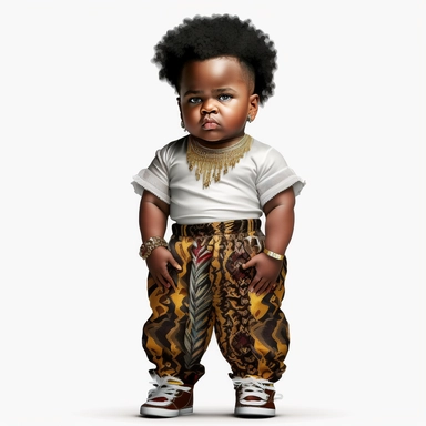 2d clipart, Full body, Gorgeous dark-skinned African American design of Beautiful tiny boy, attractive and chubby, He is wearing Juneteenth print pants, cool juneteenth print shirt, and cool shoes. 8k, white background, hyperrealistic