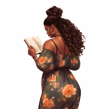 Full body from behind, boho stylish,fat beautiful black woman, with messy bun, reading from a book, straight long hair, clipart, white background, transparent background, art