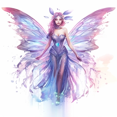 Create a magical clipart of a delicate and graceful fairy with a glowing aura. Make sure to highlight her intricate butterfly wings and flowing gown, capturing her ethereal beauty in a realistic watercolor style. The fairy should be surrounded by a plain, high contrast background to make her stand out even more.