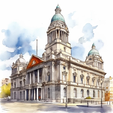 Isolated images, illustrations on a white background, City Hall Dublin in Ireland, Clipart, watercolor, realistic, isolated, full building, highly detailed, hdr, 32K, photo expert quality, watercolor realistic, hyperrealistic and highly detailed, isolated on a white background