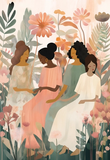 colorful clipart image of illustrations including girls in dresses seated, in the style of soft, muted color palette, ethereal foliage, dark white and pink, folkloric themes, high quality photo, mural painting, moyoco anno