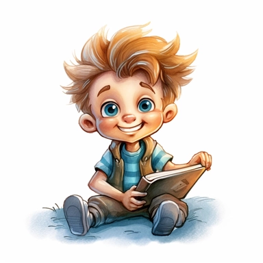 a happy little cute boy in a five-year-old, book, style by Lusy Fleming, folk art, watercolor, clipart elements, smooth gradients, black contour outline, ultra detailed, white background, super clear, high quality
