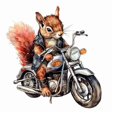 squirrel riding on harley davidson, motorcycle gang outfit, handpainted,watercolor, vector, clipart, clean white background