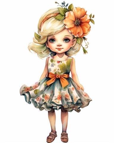 full body, a happy cute little girl a five year old, bow on the head, blond hair, dress, flower, style by Lusy Fleming, folk art, watercolor, clipart elements, smooth gradients, black contour outline, ultra detailed, white background, super clear, high quality