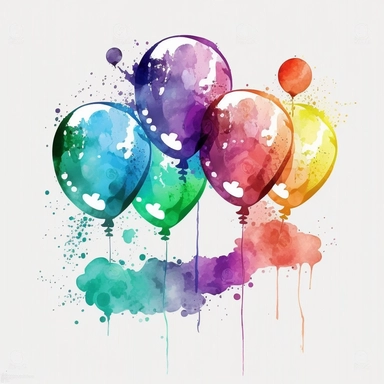 Watercolor clipart of 5 colorful balloons with spinning ribbons on each balloon. The clipart features vector illustration with a symmetrical design on a white background. There is no text, watermark, extra ribbon, blurring, ugliness, or deformities present. v4