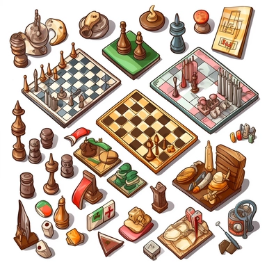 Design a clipart set that depicts various board games, such as chess, checkers, Scrabble, Monopoly, and Candyland. Add extra details to the clipart, such as players playing the games, boards, dice, cards, and game pieces to make the games appear more realistic. Consider different angles, such as close-ups of the board or game pieces, to showcase the finer details.