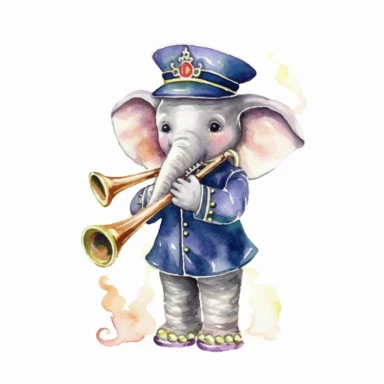 baby elephant as a marching band flute player, watercolor clipart, nursery style