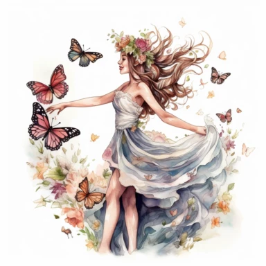 watercolor, hyper realistic, white background, white margins, 16k, ultra detailed clipart, cut out image, hand-drawn, whimsical a lady with a flower crown, twirling in a meadow as butterflies flutter around her in a whimsical dance