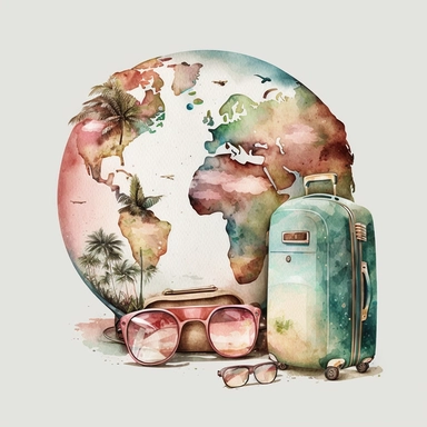 Travel Watercolor Clipart, suitcase, luggage, backpack, airplane, sunglasses, globe