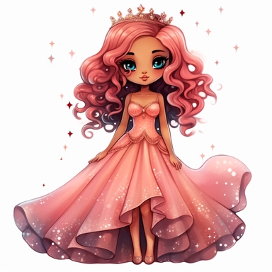 A cute detailed black girl in chibi style, Jasmine Becket - Griffith style, watercolour illustration clipart with real glitter detail, wearing a beautiful pink full length ballgown style dress, the girl has long red hair, the girl has blue eyes, full body image, with feet isolated on a white background,