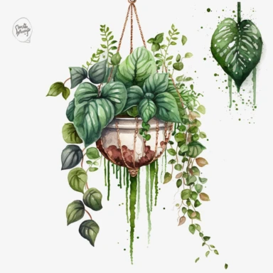 watercolor hanging green plant with macrame clipart