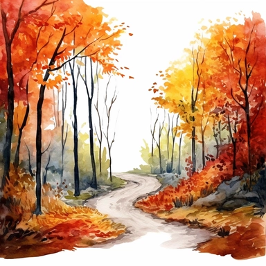 watercolor, hyper realistic, white background, white margins, 16k, ultra detailed clipart, cut out image, hand-drawn a winding pathway through a forest, with tall trees on either side displaying vibrant shades of red, orange, and yellow. Add fallen leaves on the ground to enhance the autumn atmosphere.