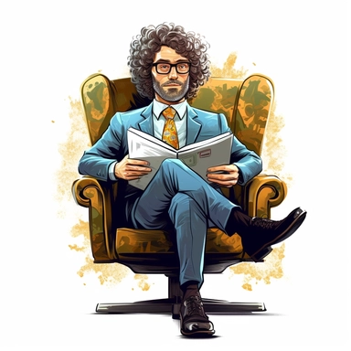 curly man in glasses and a tie on an armchair with a folder simple clipart
