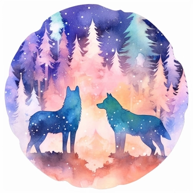 Watercolour style Cosmic Wolves clipart , double exposure, dreamy color, anime style, ghibli , trippy , planet , stars, epic, flowers, Phantasmal Iridescent