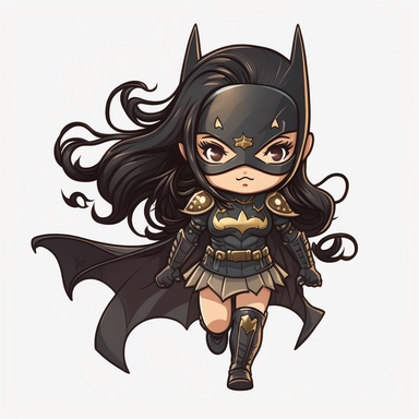 Laikasy, 5 year old girl Confident smile happy eyes with long black hair wearing sharp detailed Batman clothing very delicate and cute character chibi style feet hands behind back sharp detailed mask in heroic pose white background clipart 8k seed 1799824021
