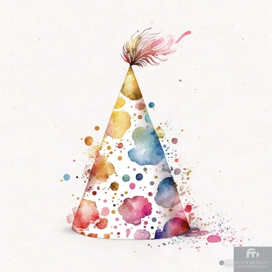 Design a watercolor clipart of a birthday party hat, decorated with whimsical patterns and a festive pom-pom whith white background