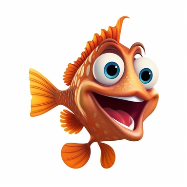 a cute and adorable happy cartoon fish making funny face, full body image, side view, pixar style, clipart