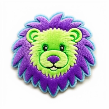 puffy raised 3D embroidered patch of duotone cute fuzzy lion neon purple and pastel lime cute on blank empty white background clip art