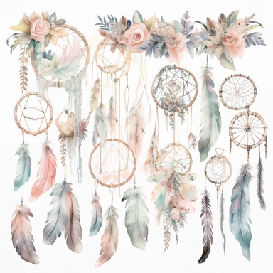 Create a watercolor clipart set of boho-inspired baby items such as dreamcatchers, feather mobiles, and macrame wall hangings. Use soft pastel colors and a white background to make the designs pop, white background