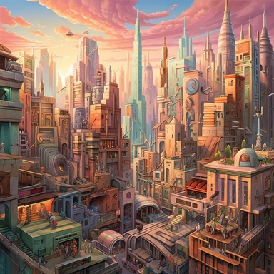 In a bustling cityscape where the boundaries of reality blur, imagine a vibrant and eclectic scene that seamlessly blends everyday urban life with unexpected and whimsical elements. As the sun sets, casting a golden glow across the horizon, the city comes alive with an array of random objects and fantastical surprises. At the heart of this surreal metropolis, towering skyscrapers stand tall, their sleek glass facades reflecting a kaleidoscope of colors. Amidst the concrete jungle, peculiar featu