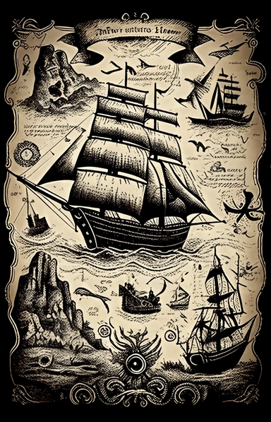 very detailed, high resolution image, hand drawn, dark ink, vintage, antique pirate treasure map, quest map. illustrations of clipper ship, compass, sea monster, mermaid and waves.