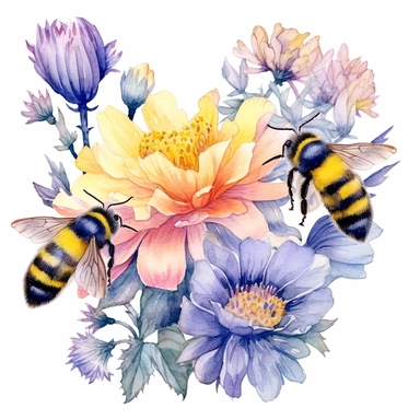watercolor, clipart, animated bees, summer garden flowers
