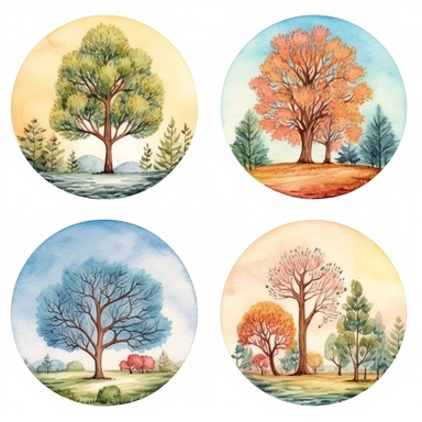watercolor embroidery , illustrations clipart set, simple , cartoon elements, different variants , trees in seasons , separate elements with a margin