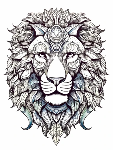 Coloring book, white background, clip art, line work. Abstract Lion laying down, happy and with a butterfly.