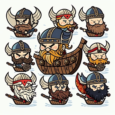 10 cute barbarian soldier army on viking ship stickers collection, clipart design, cartoon, 4k, white background