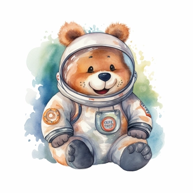 A cute hand-drawn watercolor Astronaut Bear in Space expressing happiness, smiling, laughing, cute core, happy core, Watercolor Nursery Theme, Clipart, flat illustration, isolated on white background, single image variant, 16K megapixels UHD,