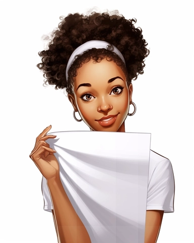 Cartoon Clipart braided hair girl holding a blank blank background, Norman Rockwell a young african american woman holding up a white sheet stock photo, in the style of street style realism, uhd image, illustrated advertisements, eye-catching composition, photorealistic detail, light silver and brown, matte photo